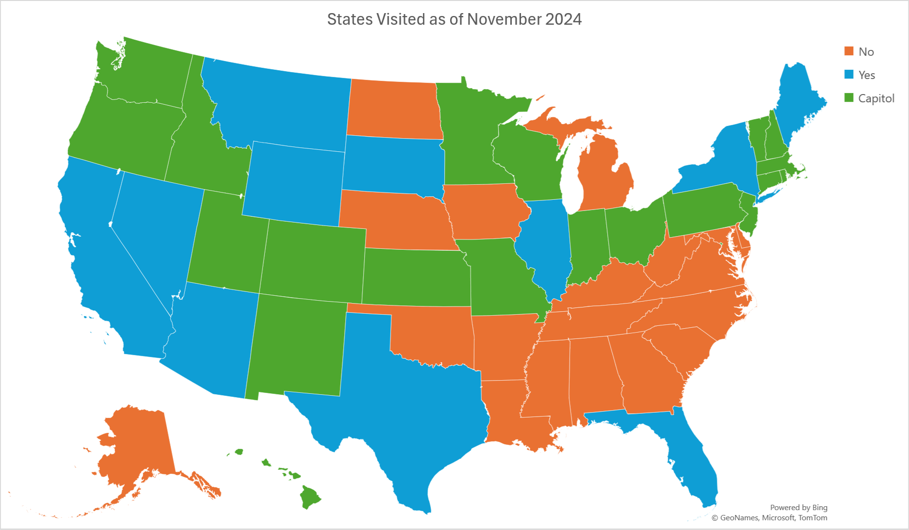 Map of USA states visited as of November 2024